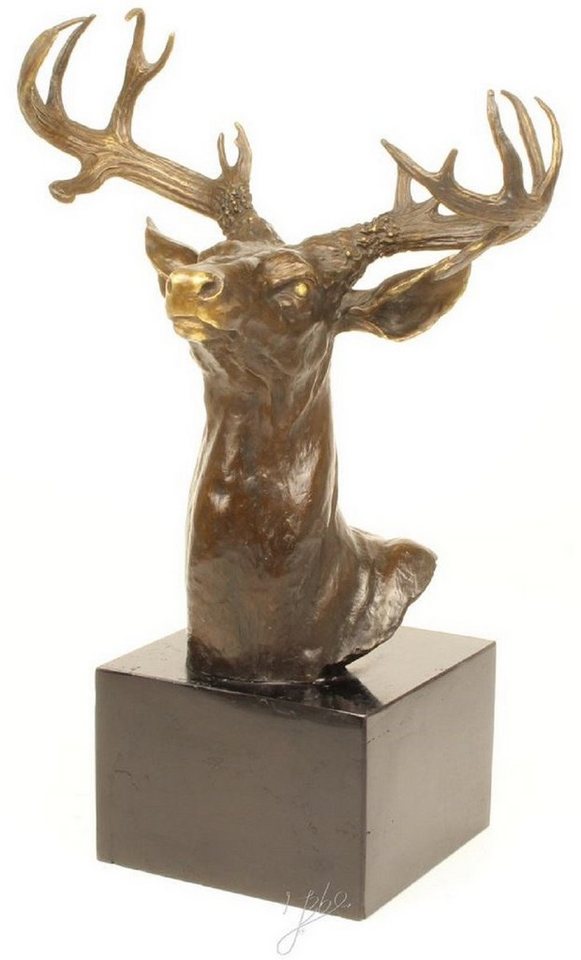Casa Padrino Dekofigur Luxus Hirschkopf Bronzefigur Bronze / Gold / Grau H. 50 cm - Elegante Dekofigur mit Marmorsockel von Casa Padrino
