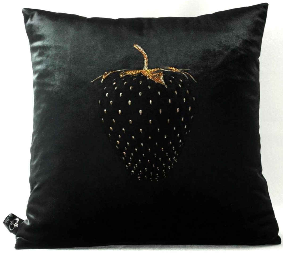 Casa Padrino Dekokissen Luxus Deko Kissen Strawberry mit Bling Bling Glitzersteinen Schwarz / Gold 45 x 45 cm - Feinster Samtstoff - Luxus Deko Accessoires von Casa Padrino