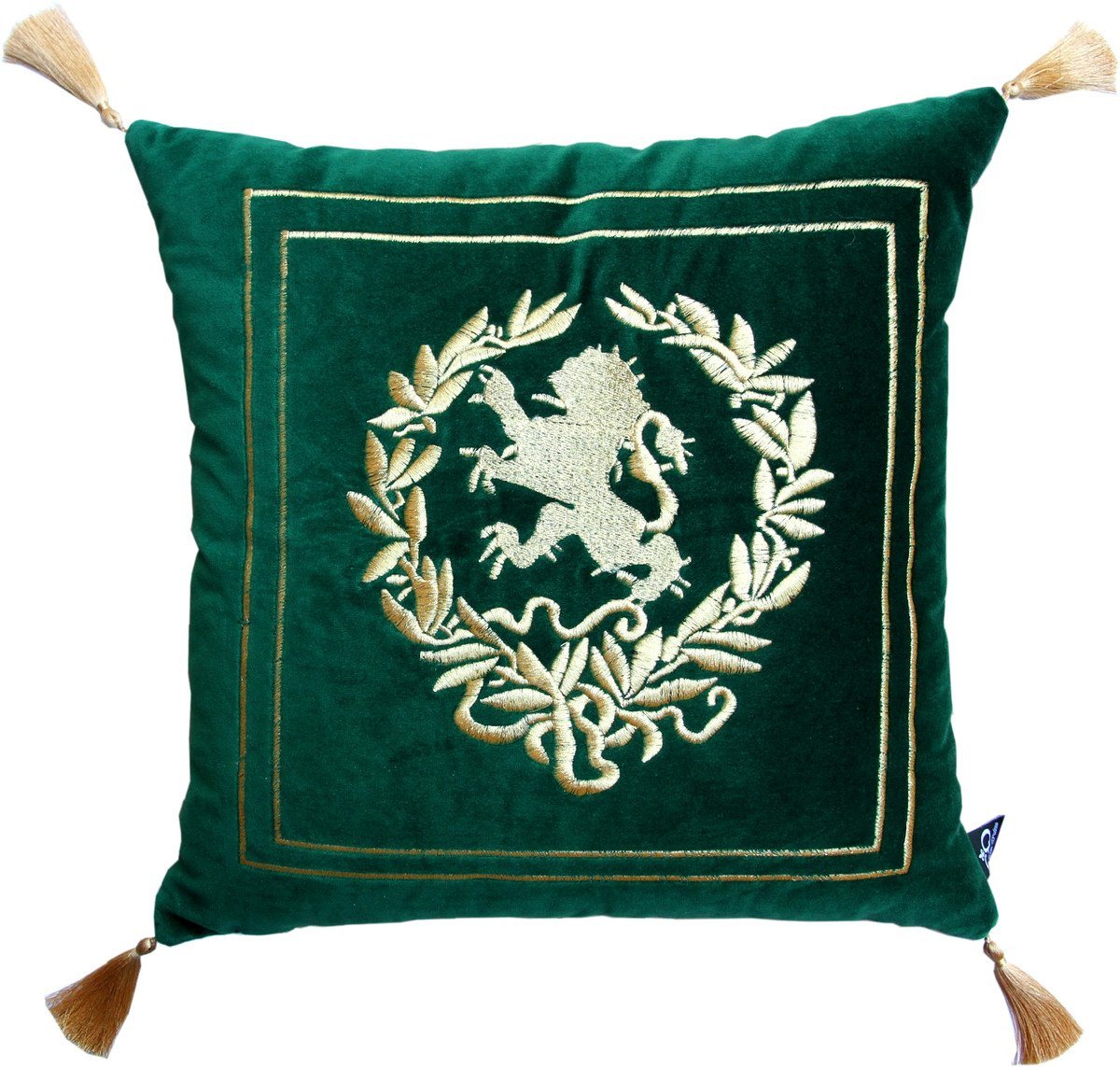 Casa Padrino Dekokissen Luxus Deko Kissen Wappen Dunkelgrün / Gold mit goldenen Troddeln 45 x 45 cm - Feinster Samtstoff - Luxus Wohndeko von Casa Padrino