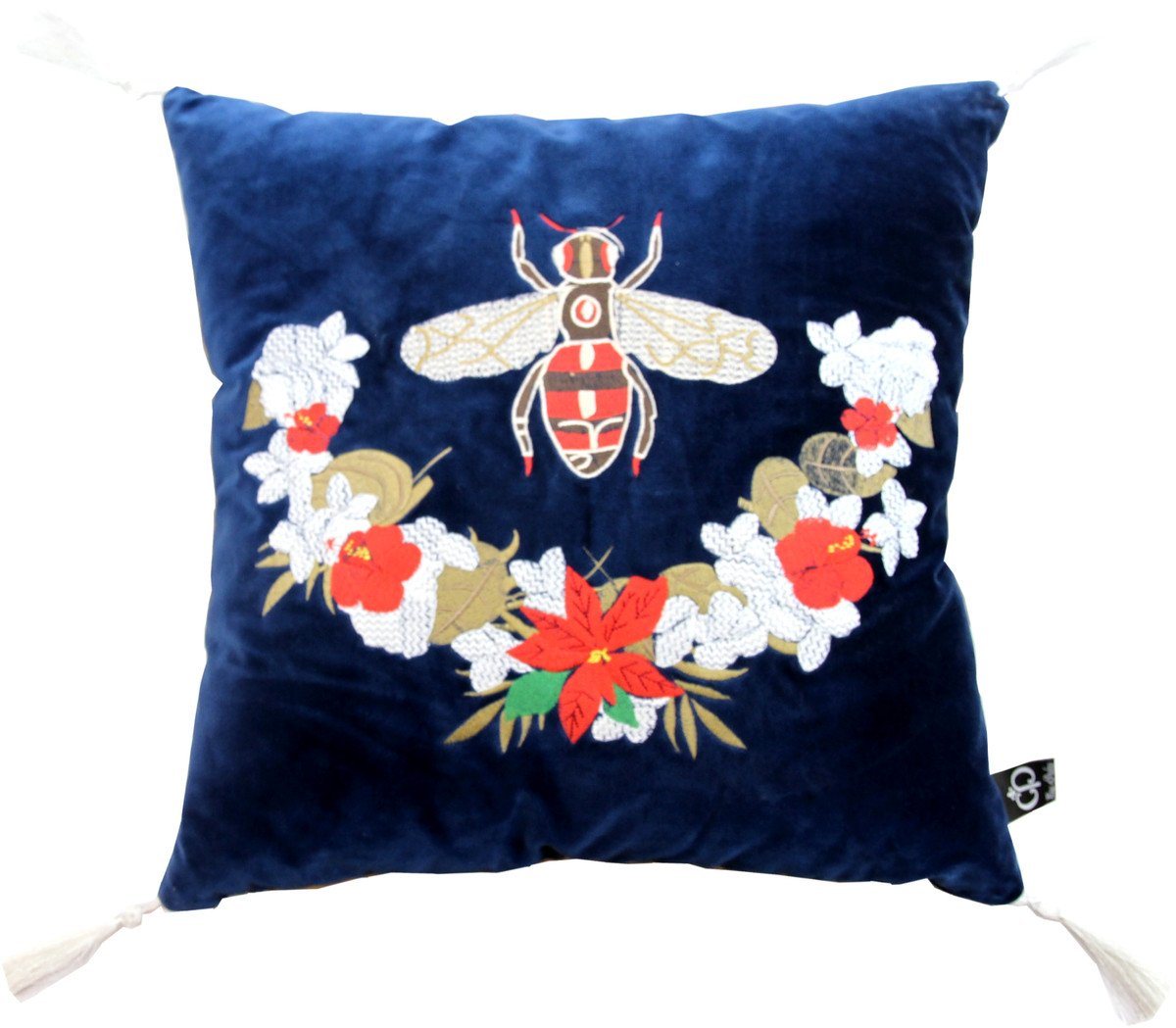 Casa Padrino Dekokissen Luxus Deko Kissen mit Troddeln Bee Blau / Weiß 45 x 45 cm - Feinster Samtstoff - Luxus Deko Accessoires von Casa Padrino