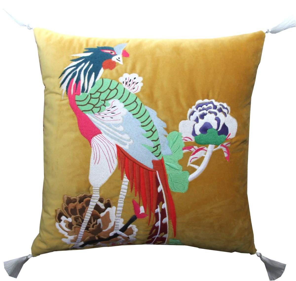 Casa Padrino Dekokissen Luxus Deko Kissen mit Troddeln Bird Gelb / Weiß 45 x 45 cm - Feinster Samtstoff - Luxus Deko Accessoires von Casa Padrino