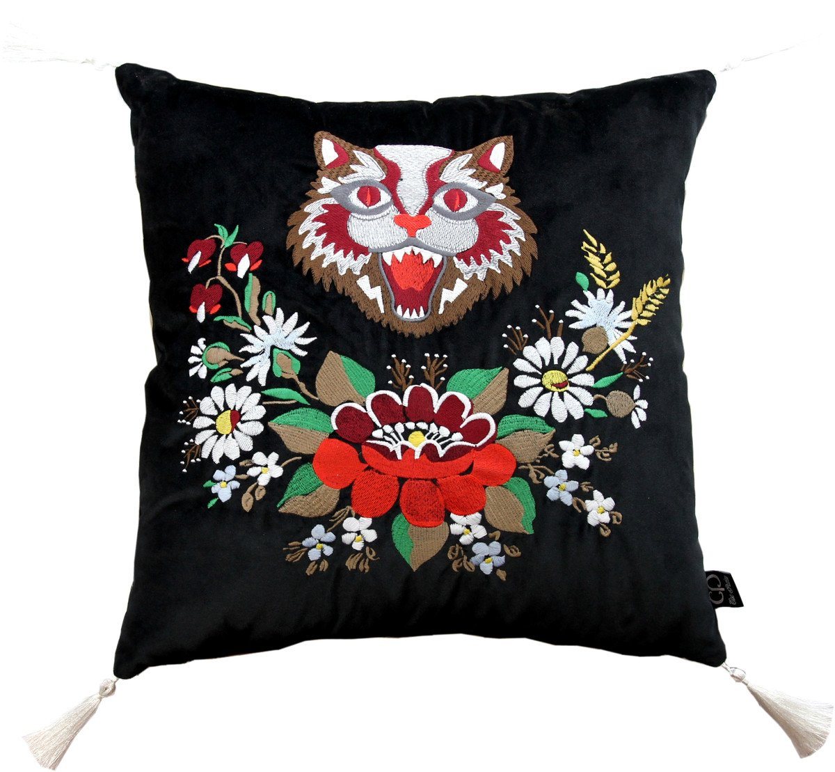 Casa Padrino Dekokissen Luxus Deko Kissen mit Troddeln Cat Schwarz / Weiß 45 x 45 cm - Feinster Samtstoff - Wohnzimmer Kissen von Casa Padrino