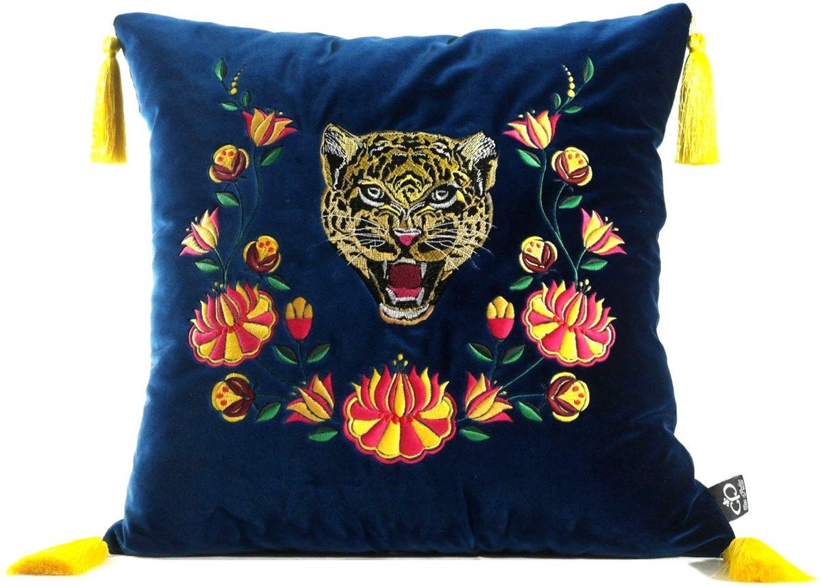 Casa Padrino Dekokissen Luxus Deko Kissen mit Troddeln Tiger Blau / Mehrfarbig 45 x 45 cm - Feinster Samtstoff - Luxus Qualität von Casa Padrino