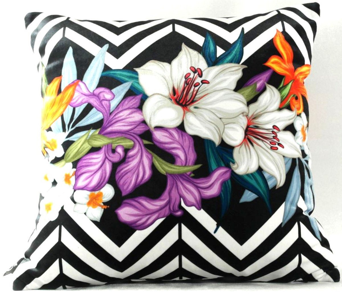 Casa Padrino Dekokissen Wohnzimmer Kissen Georgia Flowers Schwarz / Weiß / Mehrfarbig Lilie 45 x 45 cm - Feinster Samtstoff - Luxus Deko Accessoires von Casa Padrino