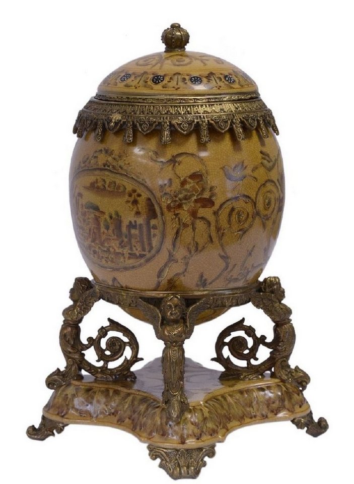 Casa Padrino Dekoobjekt Barock Porzellan Ei mit Deckel Mehrfarbig / Antik Messingfarben 20,5 x 15,4 x H. 28,3 cm - Prunkvolle Barock Deko Aufbewahrungsbox von Casa Padrino