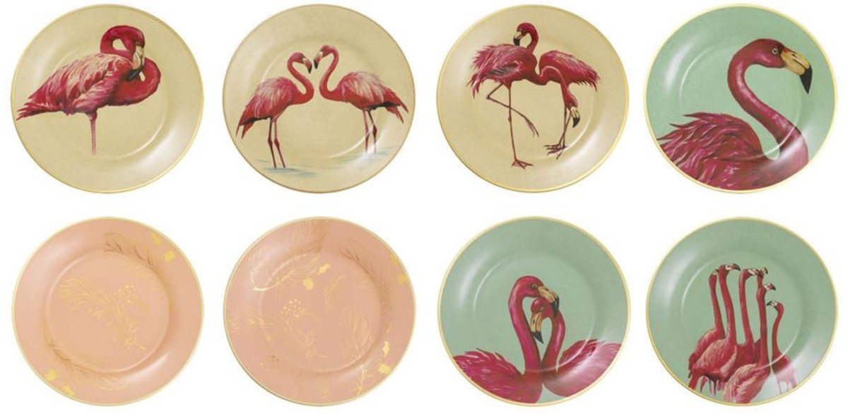 Casa Padrino Dekoobjekt Deko Porzellan Wandteller 8er Set Flamingos & Federn Mehrfarbig / Gold Ø 27 cm - Luxus Wanddeko von Casa Padrino
