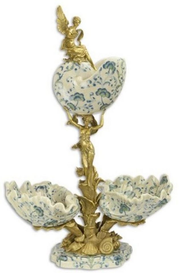 Casa Padrino Dekoobjekt Jugendstil Tisch Deko Objekt Creme / Blau / Gold 49,4 x 27,5 x H. 74 cm - Porzellan Deko Schalen mit dekorativen Bronze Engelsfiguren - Barock & Jugendstil Deko Accessoires von Casa Padrino