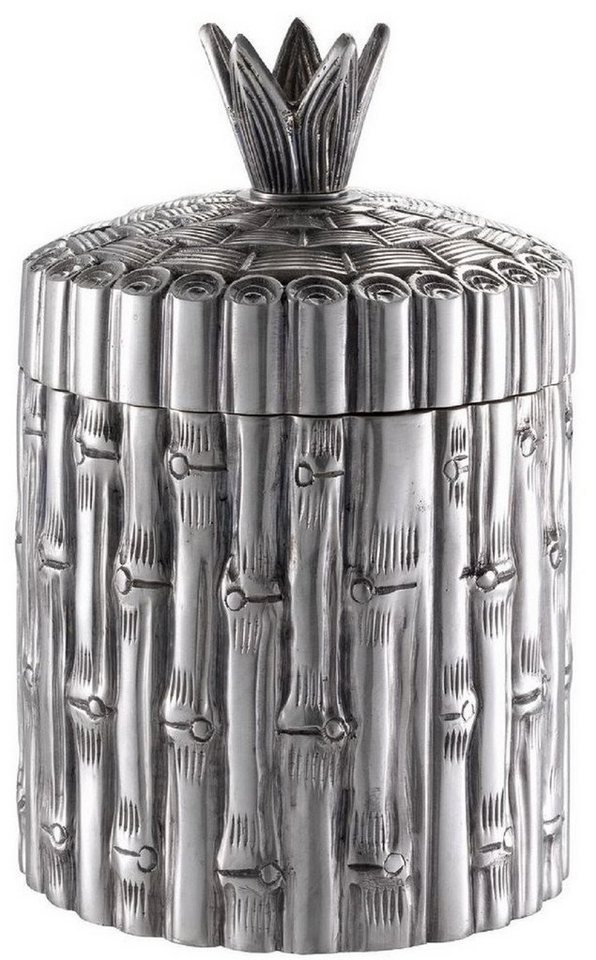 Casa Padrino Dekoobjekt Luxus Aufbewahrungsbox in Bambus Optik Antik Silber Ø 14 x H. 22,5 cm - Runde Deko Dose mit Deckel - Luxus Accessoires von Casa Padrino