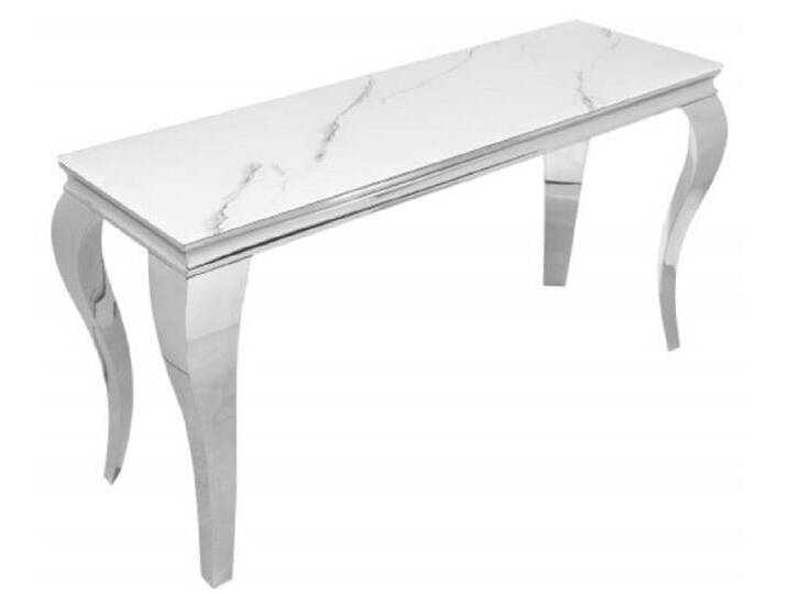 Casa Padrino Designer Konsole Weiß / Grau / Silber 145 x 50 x H. 75 cm - Rechteckiger Edelstahl Konsolentisch mit digitalbedrucktem Sicherheitsglas in Marmoroptik - Moderne Barock Möbel von Casa Padrino