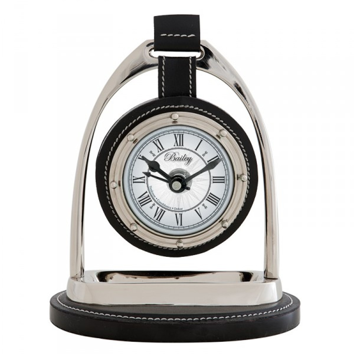 Casa Padrino Designer Luxus Vintage Tischuhr Horsebit Nickel / Leder Schwarz 17 x 12,5 x H. 21 cm - Edel & Prunkvoll von Casa Padrino