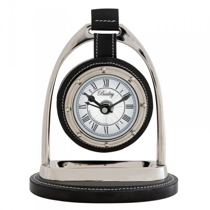 Casa Padrino Designer Luxus Vintage Tischuhr Horsebit Nickel / Leder Schwarz 17 x 12,5 x H. 21 cm - Edel & Prunkvoll von Casa Padrino