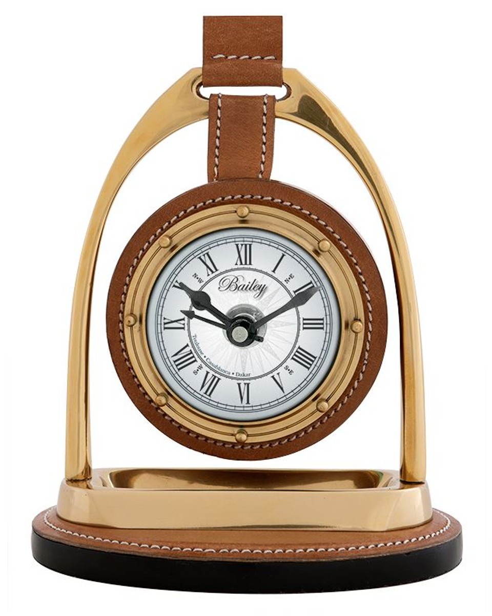 Casa Padrino Designer Uhr mit BÃ¼ffelleder und Kompas auf der RÃ¼ckseite 17 x 12,5 H. 21 cm - Luxus Tischuhr von Casa Padrino