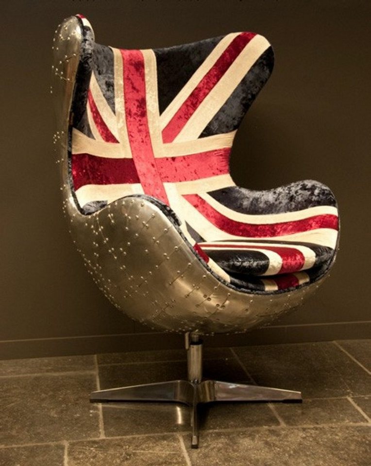 Casa Padrino Drehstuhl Art Deco Lounge Chair Drehstuhl Sessel Aluminium / Union Jack Ei-Form - Club Sessel - Lounge Sessel - Vintage Airplane Möbel von Casa Padrino