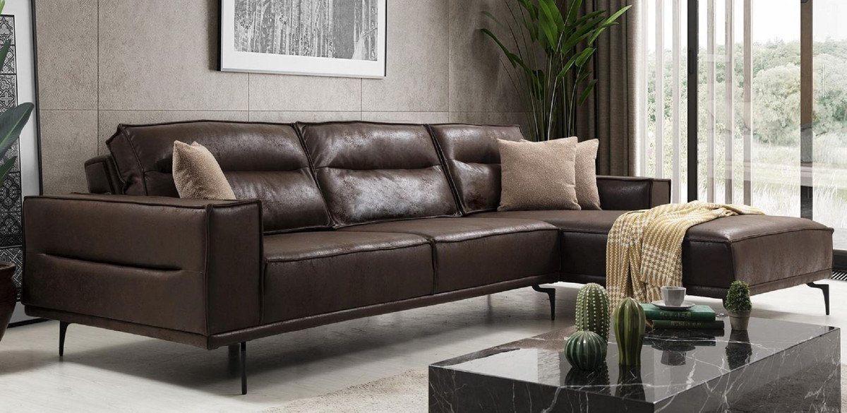 Casa Padrino Ecksofa Luxus Ecksofa Braun / Schwarz 305 x 185 cm - Modernes Wohnzimmer Sofa mit Nubuk Kunstleder - Luxus Schlafsofa - Luxus Wohnzimmer Möbel von Casa Padrino