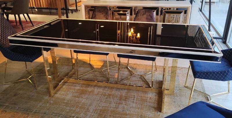 Casa Padrino Esstisch Casa Padrino Luxus Esstisch Weiß / Gold 208 x 101 x H. 80 cm - Rechteckiger Küchentisch mit Glasplatte - Esszimmer Möbel - Küchen Möbel - Luxus Möbel - Luxus Einrichtung - Möbel Luxus von Casa Padrino