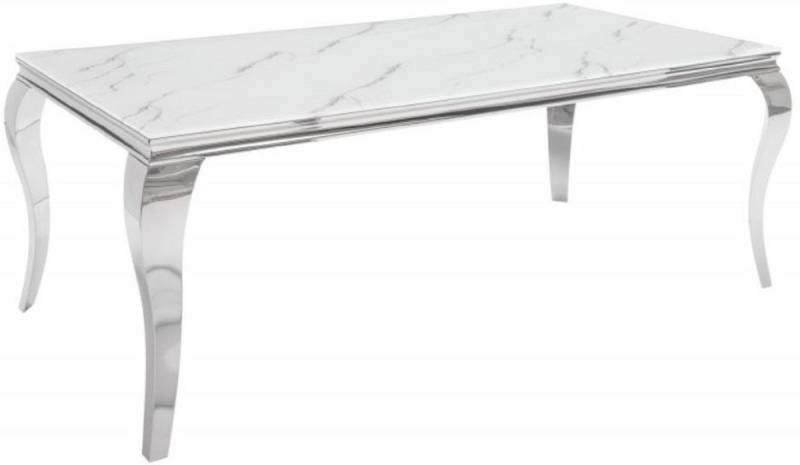 Casa Padrino Esstisch Designer Esstisch Weiß / Grau / Silber 200 x 105 x H. 75 cm - Rechteckiger Edelstahl Küchentisch mit digitalbedrucktem Sicherheitsglas in Marmoroptik - Moderne Barock Möbel von Casa Padrino