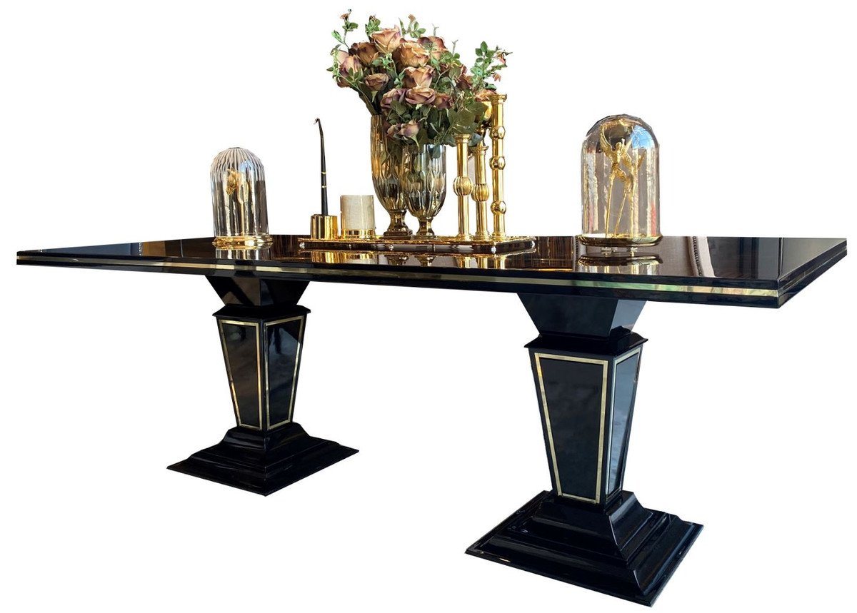 Casa Padrino Esstisch Luxus Art Deco Esstisch Dunkelbraun / Schwarz / Gold 220 x 110 x H. 76 cm - Edler Esszimmertisch mit Glasplatte - Art Deco Esszimmer Möbel von Casa Padrino