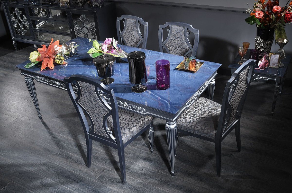 Casa Padrino Esstisch Luxus Barock Esstisch Blau / Silber 209 x 104 x H. 79 cm - Edler Massivholz Küchentisch mit Glasplatte - Esszimmertisch - Esszimmer Möbel im Barockstil von Casa Padrino