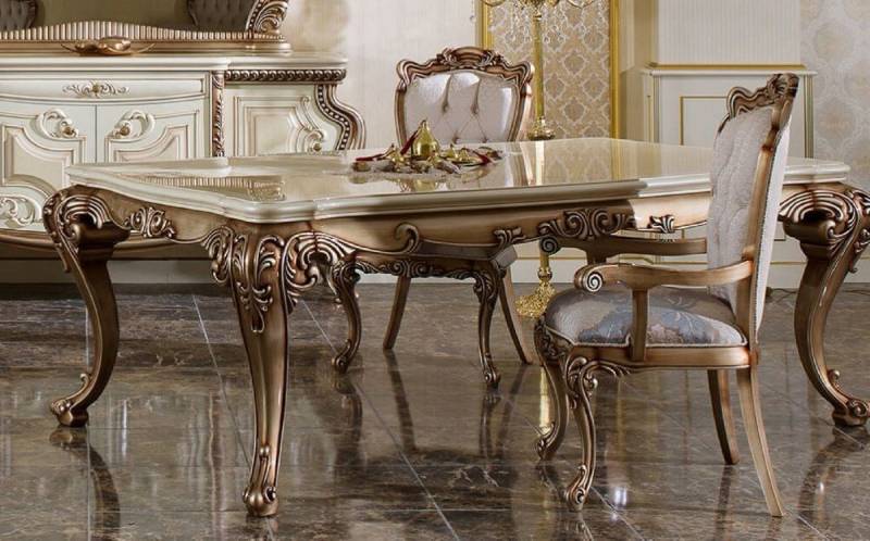 Casa Padrino Esstisch Luxus Barock Esstisch Weiß / Beige / Kupferfarben - Prunkvoller Massivholz Esszimmertisch im Barockstil - Prunkvolle Barock Esszimmer Möbel von Casa Padrino