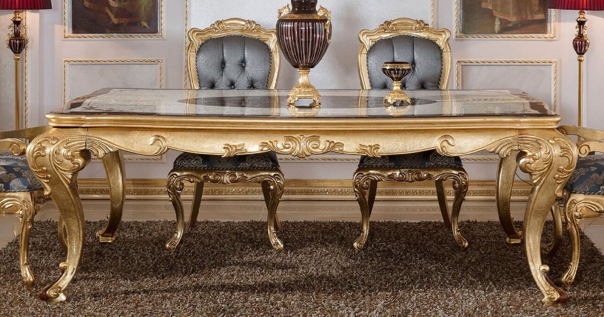 Casa Padrino Esstisch Luxus Barock Esstisch Weiß / Braun / Gold - Prunkvoller Massivholz Esszimmertisch im Barockstil - Prunkvolle Barock Esszimmer Möbel von Casa Padrino