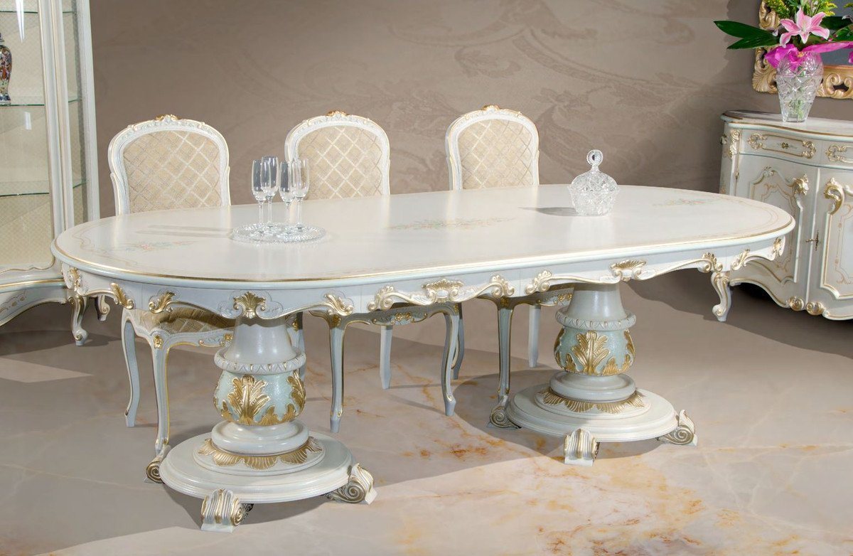 Casa Padrino Esstisch Luxus Barock Esstisch Weiß / Cremefarben / Mehrfarbig / Gold - Ovaler Massivholz Esszimmertisch im Barockstil - Barock Esszimmer Möbel - Luxus Qualität - Made in Italy von Casa Padrino