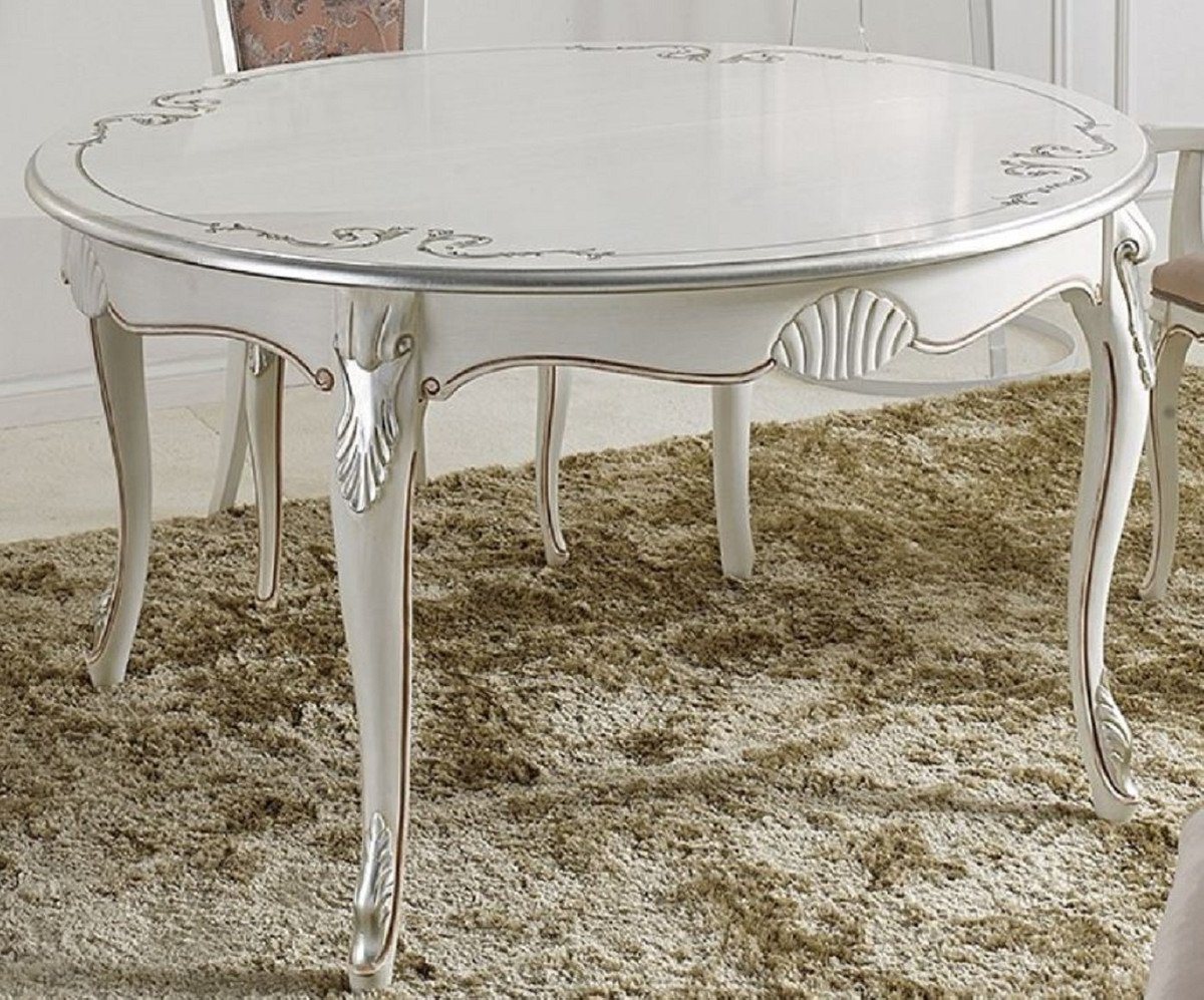 Casa Padrino Esstisch Luxus Barock Esstisch Weiß / Silber - Ovaler Ausziehbarer Massivholz Esszimmertisch - Barock Esszimmer Möbel - Luxus Qualität - Made in Italy von Casa Padrino