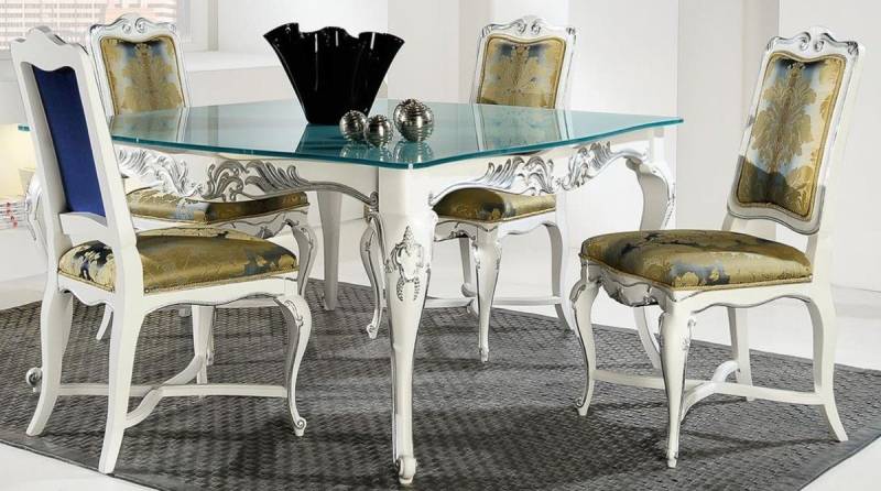 Casa Padrino Esstisch Luxus Barock Esstisch mit Glasplatte Weiß / Silber - Verschiedene Größen - Edler Esszimmertisch im Barockstil - Barock Esszimmer Möbel von Casa Padrino