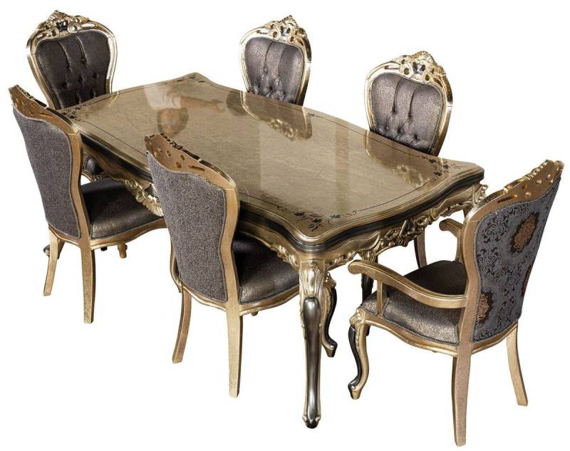 Casa Padrino Esszimmer-Set Casa Padrino Luxus Barock Esszimmer Set Lila / Antik Gold / Schwarz - 1 Barock Esstisch & 6 Barock Esszimmerstühle - Luxus Esszimmer Möbel im Barockstil - Prunkvolle Barock Esszimmer Möbel von Casa Padrino