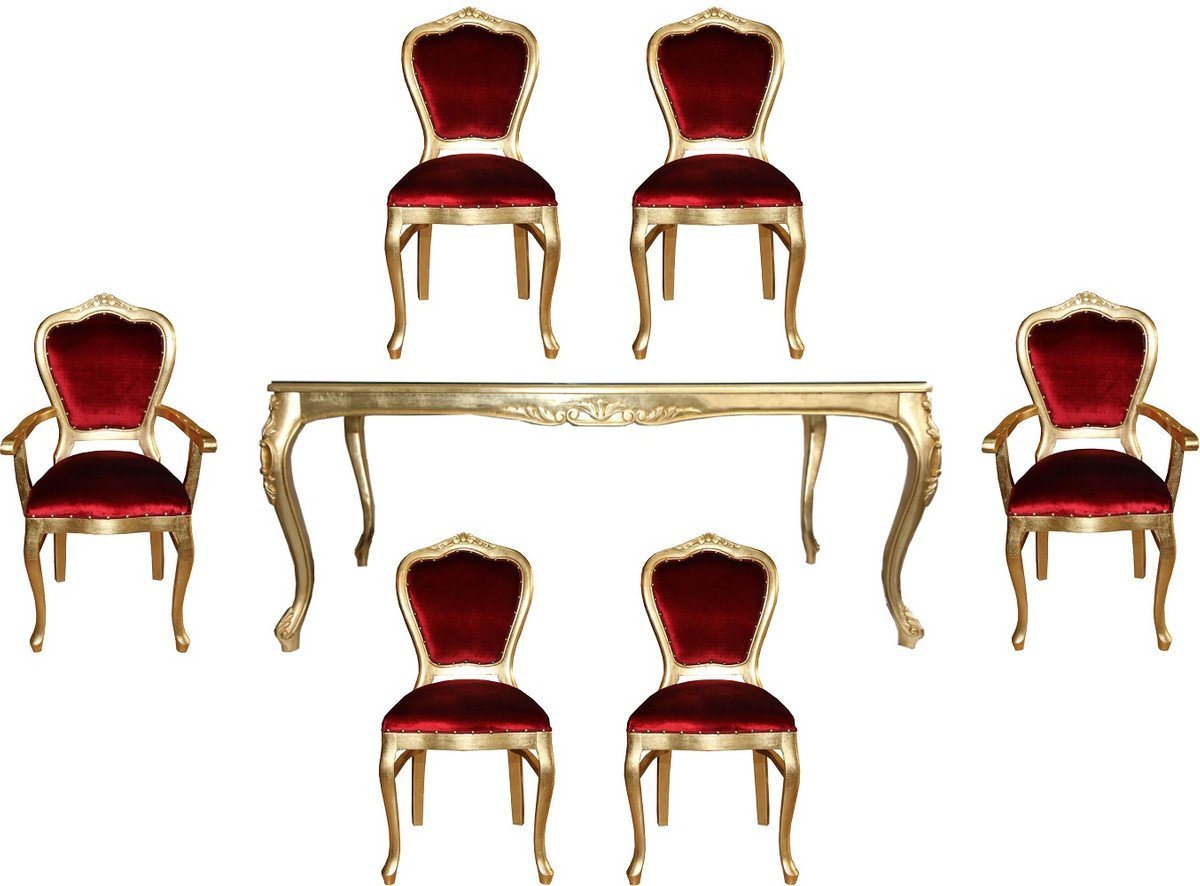 Casa Padrino Esszimmer-Set Luxus Barock Esszimmer Set Bordeauxrot / Gold - 1 Esstisch mit Glasplatte und 6 Stühle - Barock Esszimmermöbel - Made in Italy - Luxury Collection von Casa Padrino