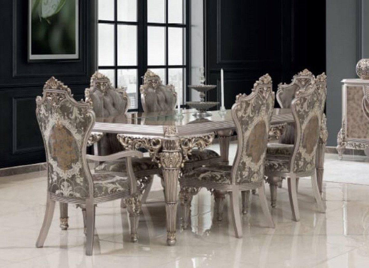 Casa Padrino Esszimmer-Set Luxus Barock Esszimmer Set Grau / Silber - 1 Esstisch & 8 Esszimmerstühle - Prunkvolle Esszimmer Möbel im Barockstil von Casa Padrino