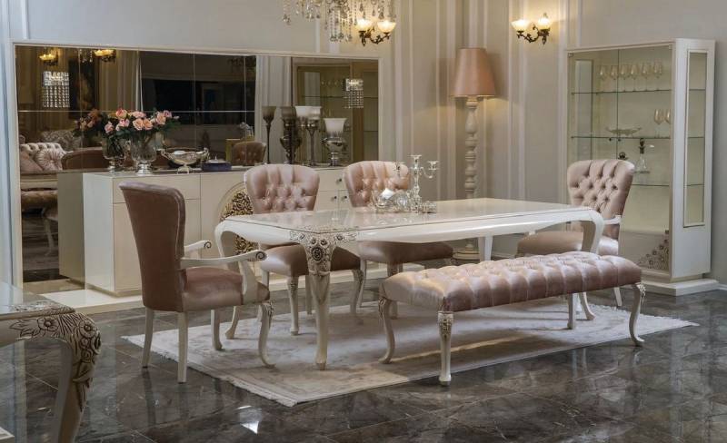 Casa Padrino Esszimmer-Set Luxus Barock Esszimmer Set Rosa / Weiß / Beige - 1 Esszimmertisch & 4 Esszimmerstühle & 1 Sitzbank - Barock Esszimmer Möbel von Casa Padrino