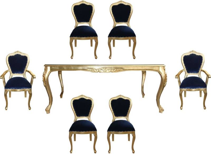 Casa Padrino Esszimmer-Set Luxus Barock Esszimmer Set Royalblau / Gold - 1 Esstisch mit Glasplatte und 6 Stühle - Barock Esszimmermöbel - Made in Italy - Luxury Collection von Casa Padrino