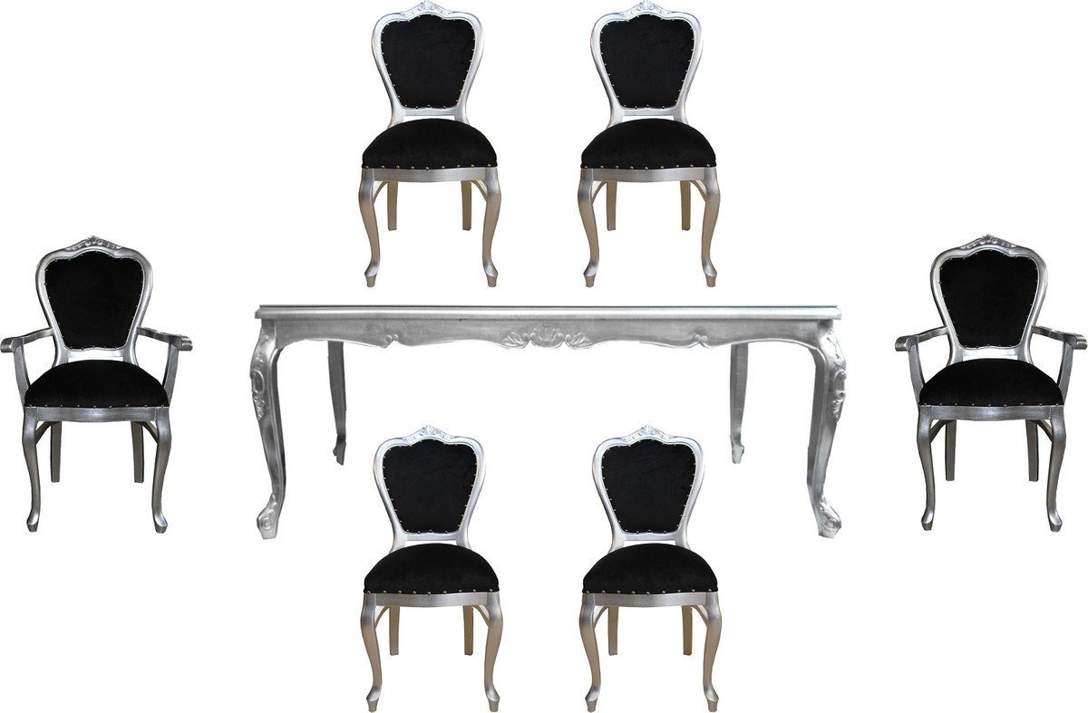 Casa Padrino Esszimmer-Set Luxus Barock Esszimmer Set Schwarz / Silber - 1 Esstisch mit Glasplatte und 6 Stühle - Barock Esszimmermöbel - Made in Italy - Luxury Collection von Casa Padrino