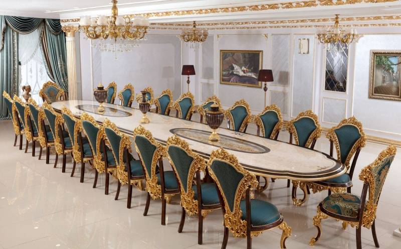 Casa Padrino Esszimmer-Set Luxus Barock Esszimmer Set Weiß / Braun / Blau / Gold - 1 Barock Esstisch & 22 Barock Esszimmerstühle - Hotel Möbel - Schloss Möbel - Palast Möbel - Luxus Möbel im Barockstil von Casa Padrino