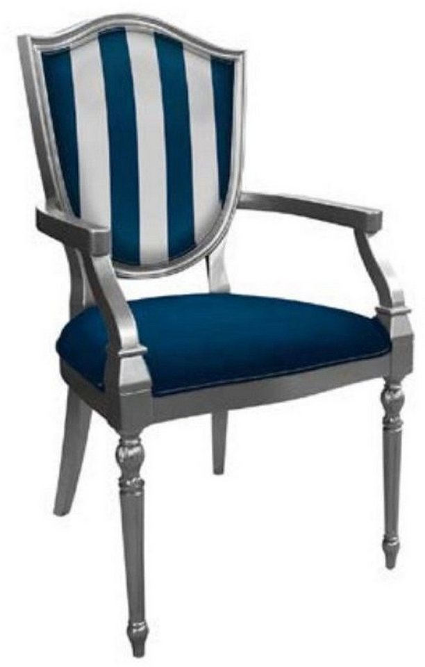 Casa Padrino Esszimmerstuhl Art Deco Esszimmerstuhl Blau / Silber - Gestreifter Massivholz Stuhl mit Armlehnen - Art Deco Esszimmer Möbel von Casa Padrino