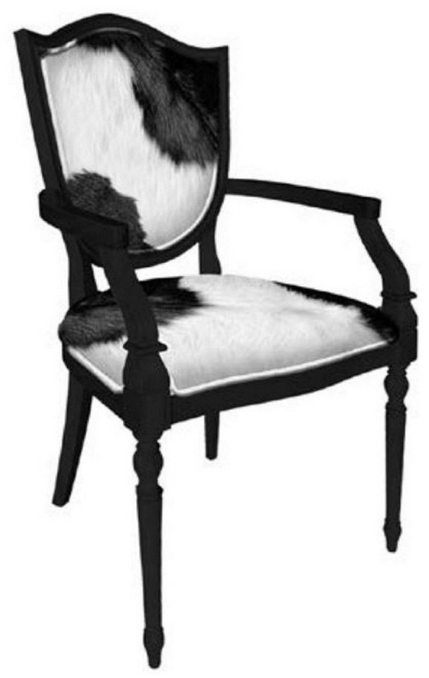 Casa Padrino Esszimmerstuhl Art Deco Esszimmerstuhl Weiß / Schwarz - Massivholz Stuhl mit Armlehnen und Kuhfell - Art Deco Esszimmer Möbel von Casa Padrino