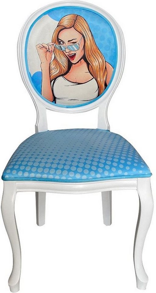Casa Padrino Esszimmerstuhl Barock Esszimmer Stuhl Blau / Mehrfarbig / Weiß - Handgefertigter Antik Stil Stuhl mit Design - Esszimmer Möbel im Barockstil von Casa Padrino