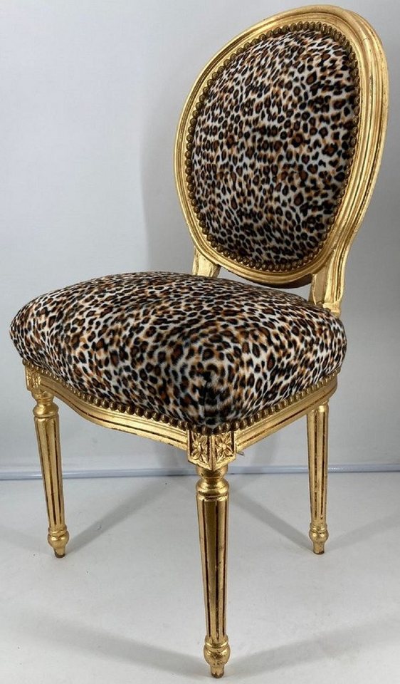 Casa Padrino Esszimmerstuhl Barock Esszimmer Stuhl Medaillon Leopard / Gold - Handgefertigter Massivholz Antik Stil Küchen Stuhl mit Muster - Barock Esszimmer Möbel von Casa Padrino