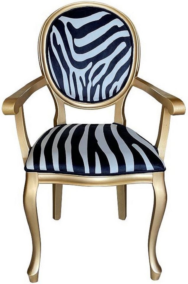 Casa Padrino Esszimmerstuhl Barock Esszimmer Stuhl Schwarz / Weiß / Gold - Handgefertigter Antik Stil Stuhl mit Armlehnen und Zebra Design - Esszimmer Möbel im Barockstil von Casa Padrino