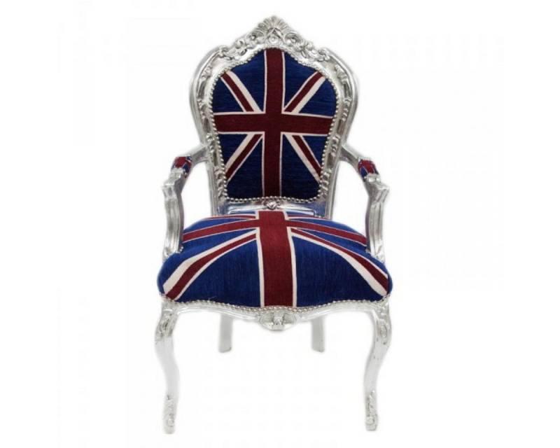 Casa Padrino Esszimmerstuhl Barock Esszimmer Stuhl mit Armlehnen Union Jack / Silber - Antik Stil von Casa Padrino