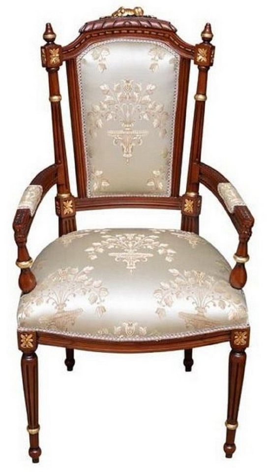Casa Padrino Esszimmerstuhl Barock Esszimmerstuhl Cremefarben / Braun / Gold - Handgefertigter Antik Stil Stuhl mit Armlehnen - Esszimmer Möbel im Barockstil von Casa Padrino