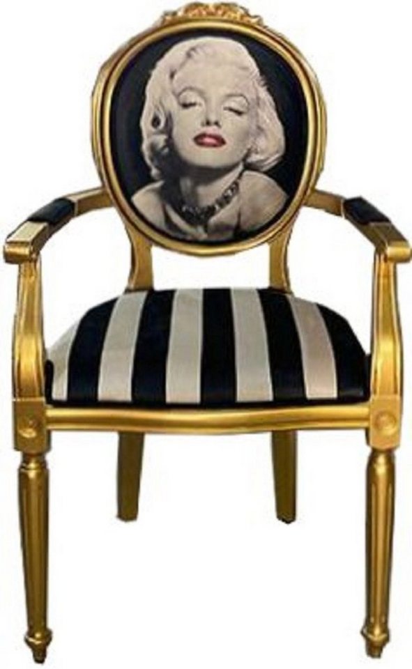 Casa Padrino Esszimmerstuhl Barock Esszimmerstuhl Marilyn Monroe Schwarz / Weiß / Gold - Handgefertigter Antik Stil Stuhl mit Armlehnen - Esszimmer Möbel im Barockstil von Casa Padrino