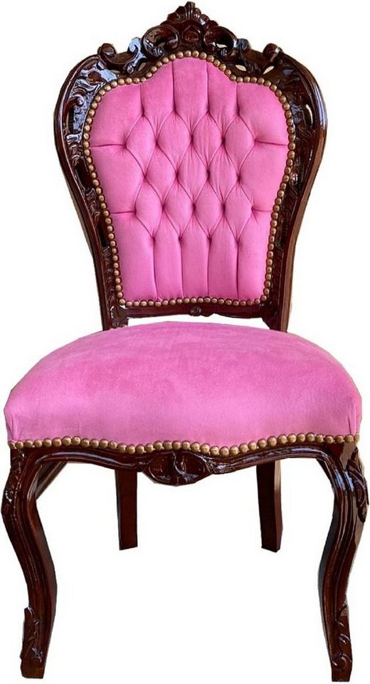 Casa Padrino Esszimmerstuhl Barock Esszimmerstuhl Rosa / Braun 53 x 57 x H. 108 cm - Handgefertigter Massivholz Küchenstuhl mit edlem Samtstoff - Barock Esszimmer Möbel von Casa Padrino