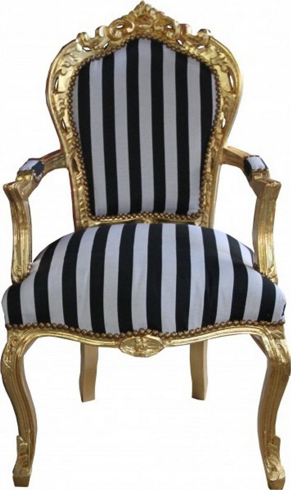 Casa Padrino Esszimmerstuhl Barock Esszimmerstuhl Schwarz/Weiß Streifen / Gold mit Armlehnen - Antik Stil Stuhl von Casa Padrino