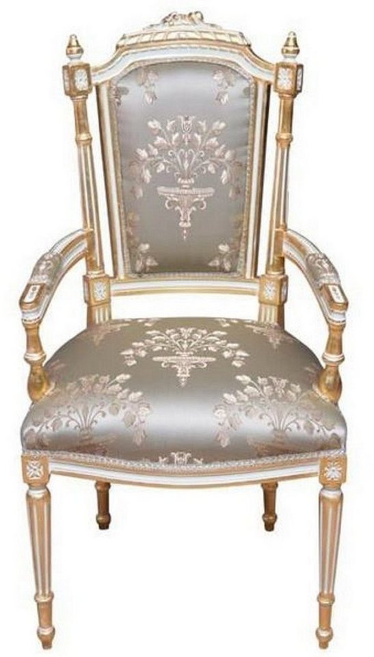 Casa Padrino Esszimmerstuhl Barock Esszimmerstuhl Silber / Weiß / Gold - Handgefertigter Antik Stil Stuhl mit Armlehnen - Esszimmer Möbel im Barockstil Casa Padrino Esszimmerstuhl Barock Esszimmerstuhl Silber / Weiß / Gold - Handgefertigter Antik Stil Stuhl mit Armlehnen - Esszimmer Möbel im Barockstil von Casa Padrino
