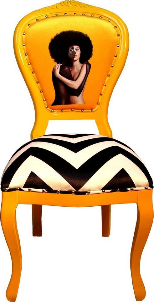 Casa Padrino Esszimmerstuhl Barock Luxus Esszimmer Stuhl Schwarz / Weiß Streifen / Gelb - Designer Stuhl - Limited Edition von Casa Padrino