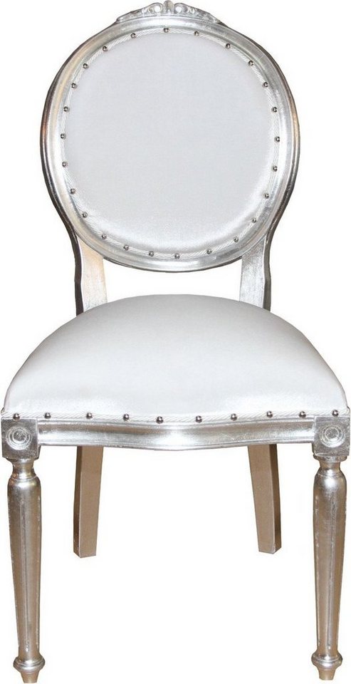 Casa Padrino Esszimmerstuhl Barock Medaillon Luxus Esszimmer Stuhl ohne Armlehnen in Weiss / Silber - Limited Edition von Casa Padrino