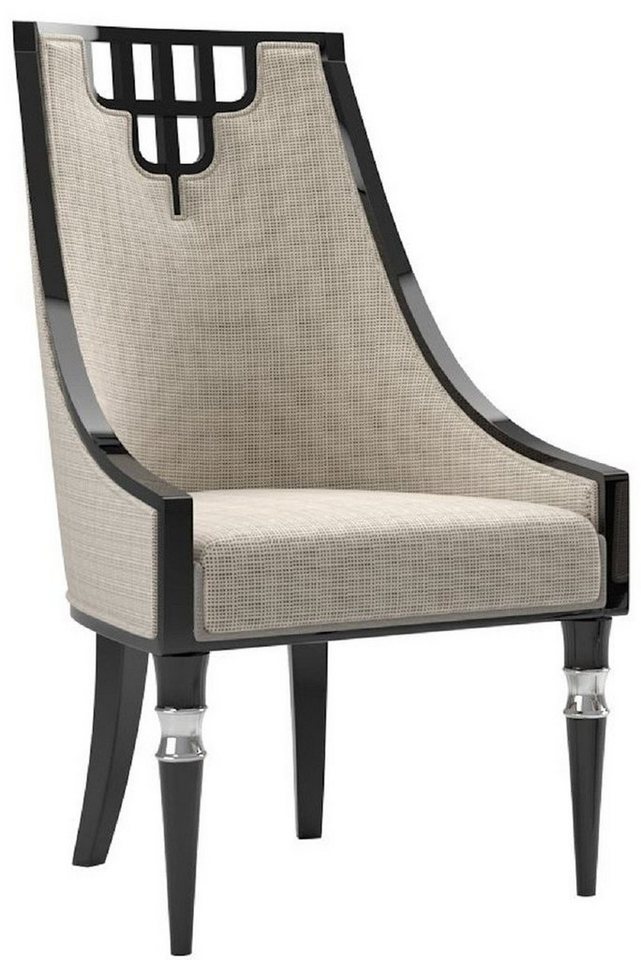 Casa Padrino Esszimmerstuhl Luxus Art Deco Esszimmerstuhl Beige / Schwarz / Silber - Handgefertigter Massivholz Küchenstuhl - Edle Art Deco Esszimmer Möbel von Casa Padrino