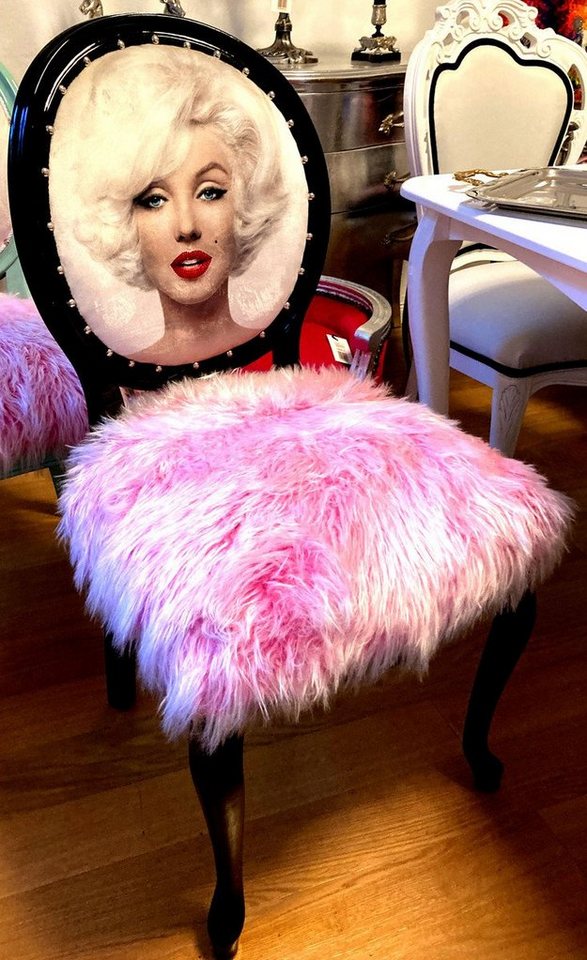 Casa Padrino Esszimmerstuhl Luxus Barock Esszimmer Stuhl Marilyn Monroe Rosa / Schwarz - Handgefertigter Pop Art Designer Stuhl mit Kunstfell - Barock Esszimmer Möbel von Casa Padrino