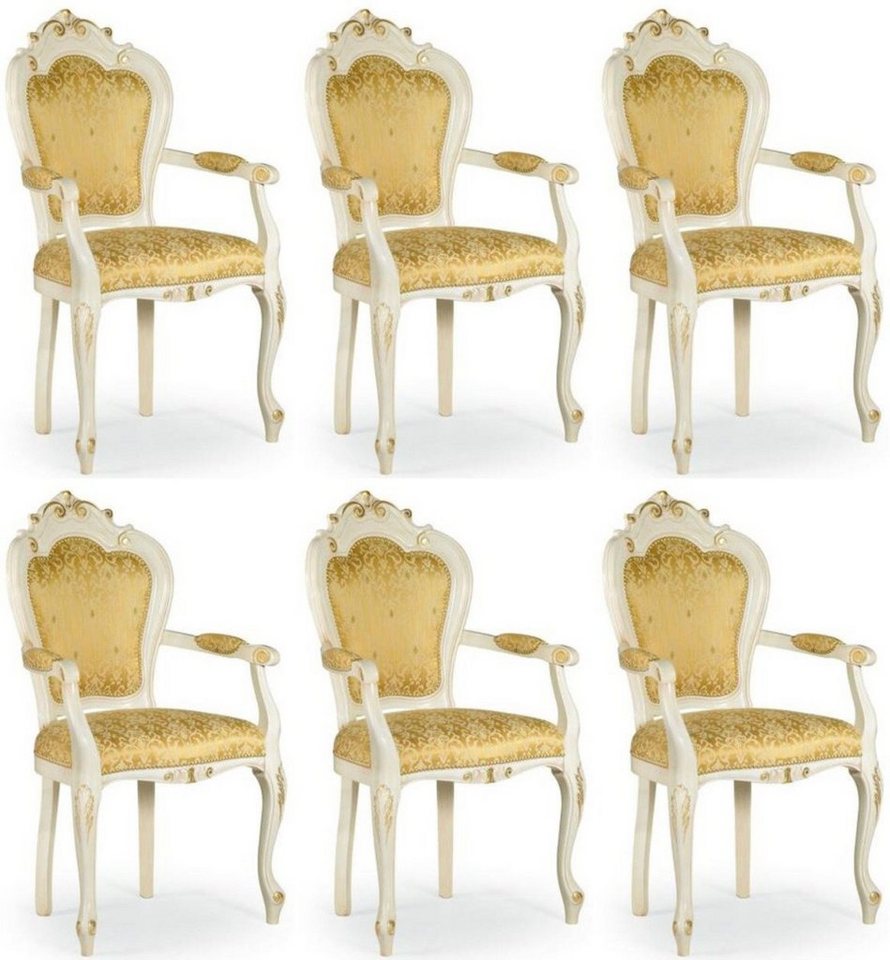 Casa Padrino Esszimmerstuhl Luxus Barock Esszimmer Stuhl Set mit Armlehnen Gold / Weiß / Gold 58 x 50 x H. 103 cm - Barock Küchen Stühle 6er Set - Esszimmer Möbel im Barockstil von Casa Padrino